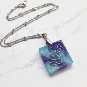 Blue and Purple Pendant Necklace Shimmering Tie Dye Floating Swirl Square Resin